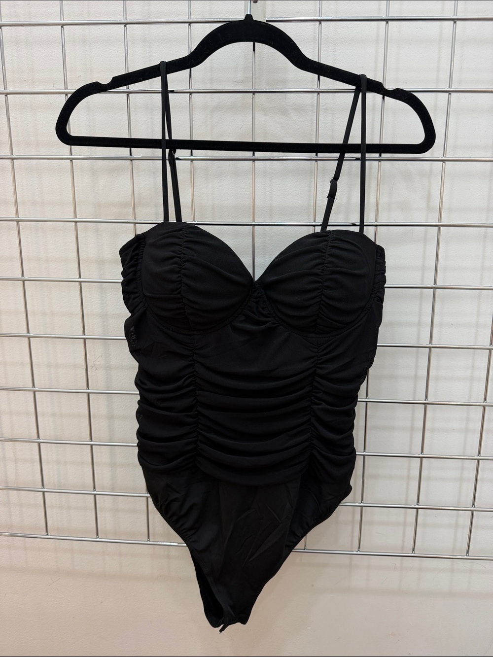 Black Ruched Women’s Bodysuit with Adjustable Straps